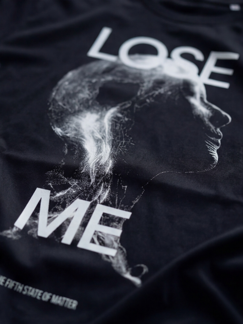 LOSE ME tee from The Fifth State of Matter series — close-up of plasma figure print