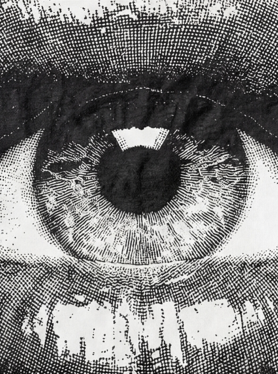 MELT ME tee — extreme close-up of the eye within lips print, white on black
