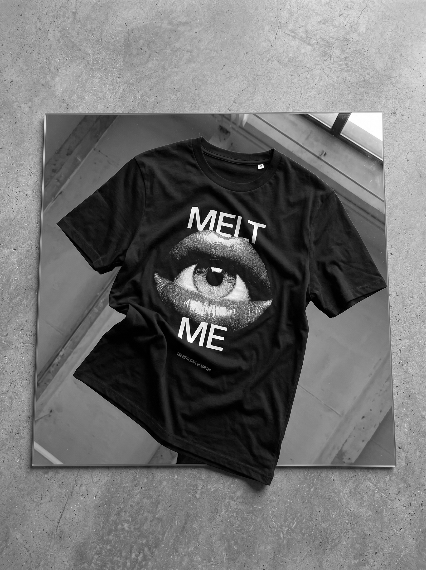 MELT ME tee from The Fifth State of Matter series — print detail in hard light
