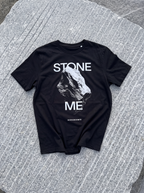 STONE ME tee from The Fifth State of Matter series — detail of stone print, white on black