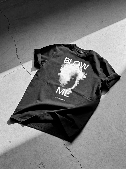 BLOW ME tee from The Fifth State of Matter series — detail of face dissolving into smoke print