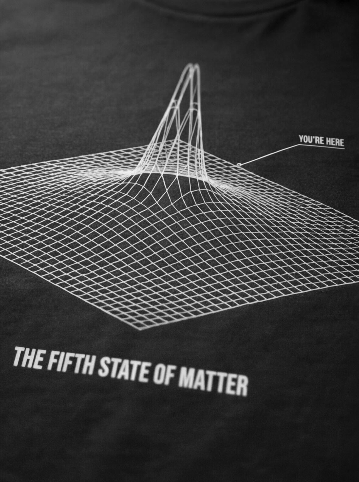The Fifth State of Matter tee — close-up of the Bose-Einstein condensate diagram print on black cotton